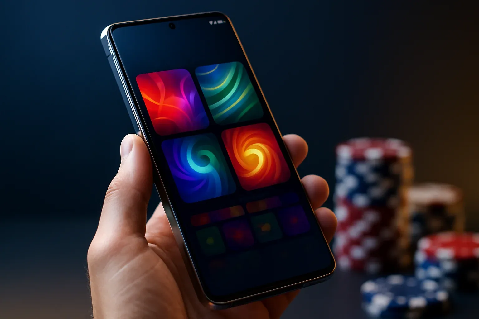 Hyperrealistic flagship Android smartphone showing vivid casino app interface, studio lighting