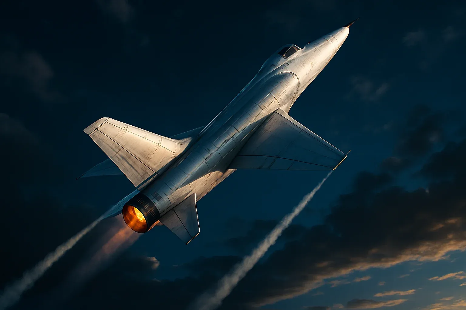 Hyperrealistic white jet climbing steeply in deep blue sky with trails