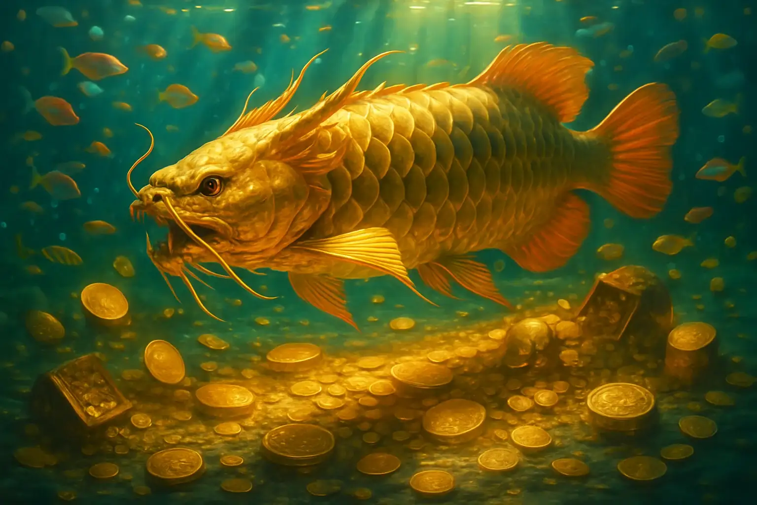 Hyperrealistic underwater fishing game scene with golden dragon fish and treasure