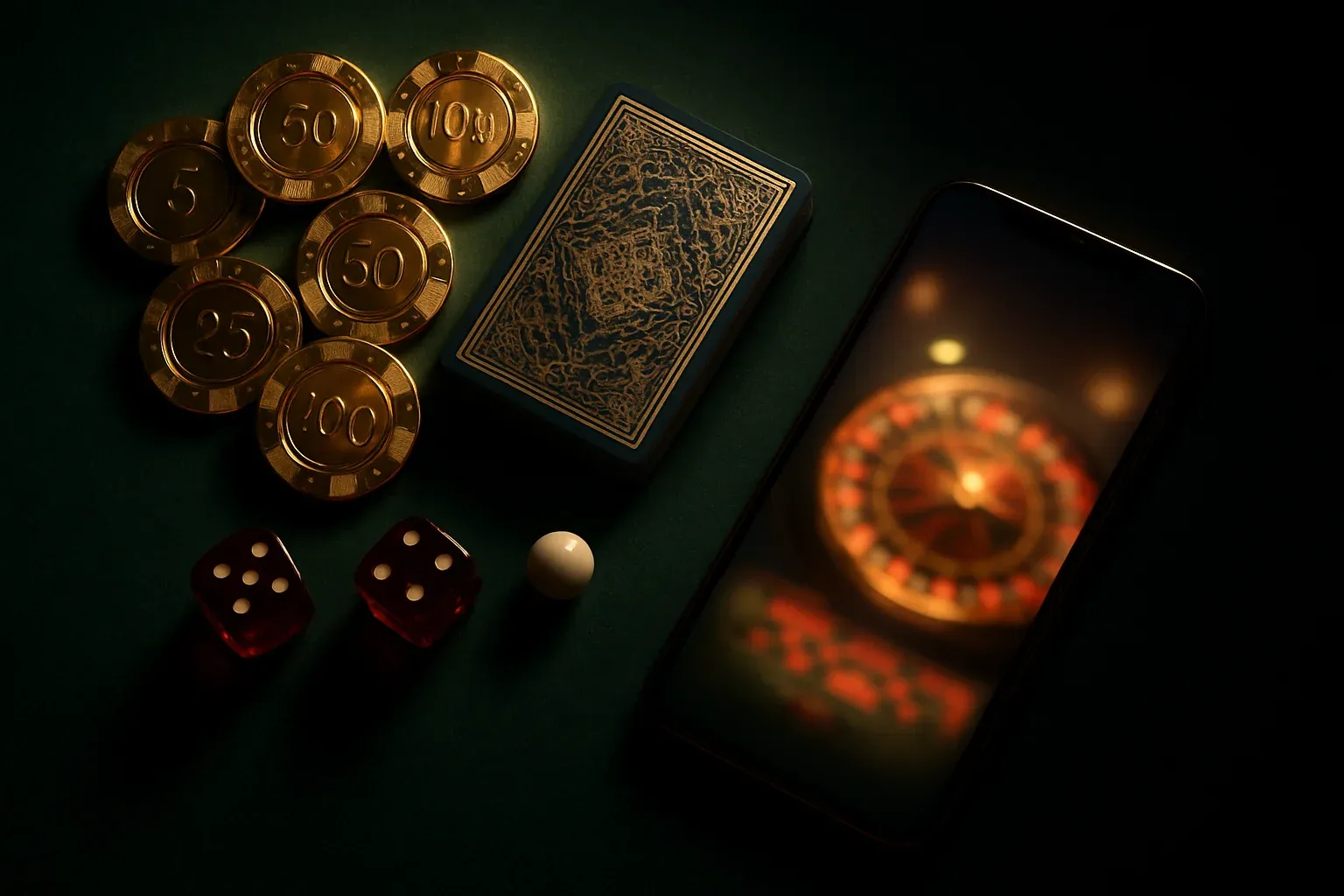 Top-down casino table with golden chips, cards, dice, roulette ball, smartphone