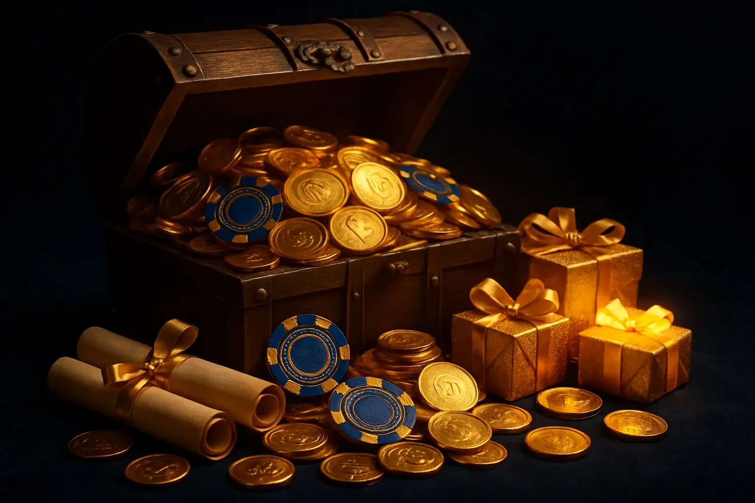 Cinematic treasure chest with gold coins, casino chips, vouchers, and gift boxes