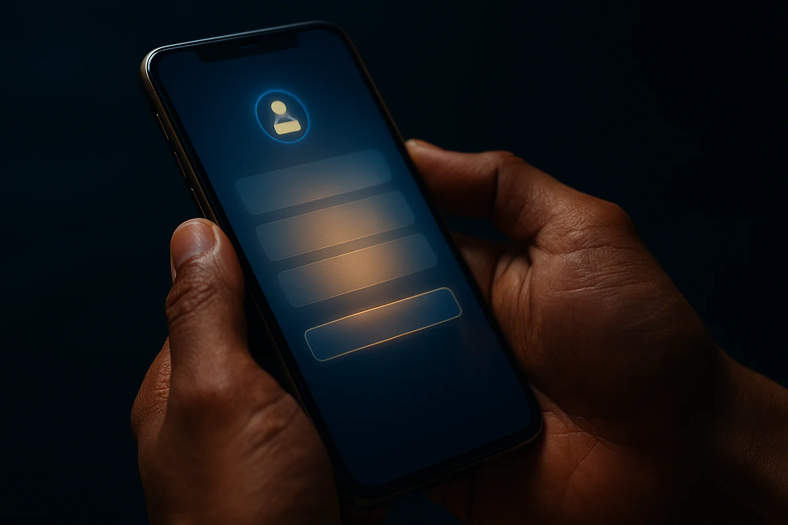 Filipino man hands holding smartphone with blurred registration form, blue gold glow