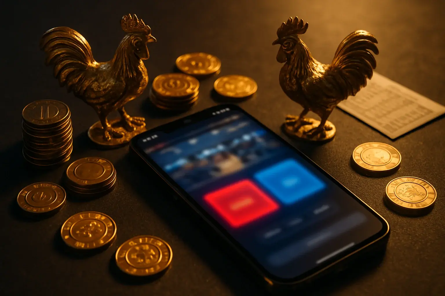 Smartphone sabong betting interface with golden roosters, peso coins, and casino chips