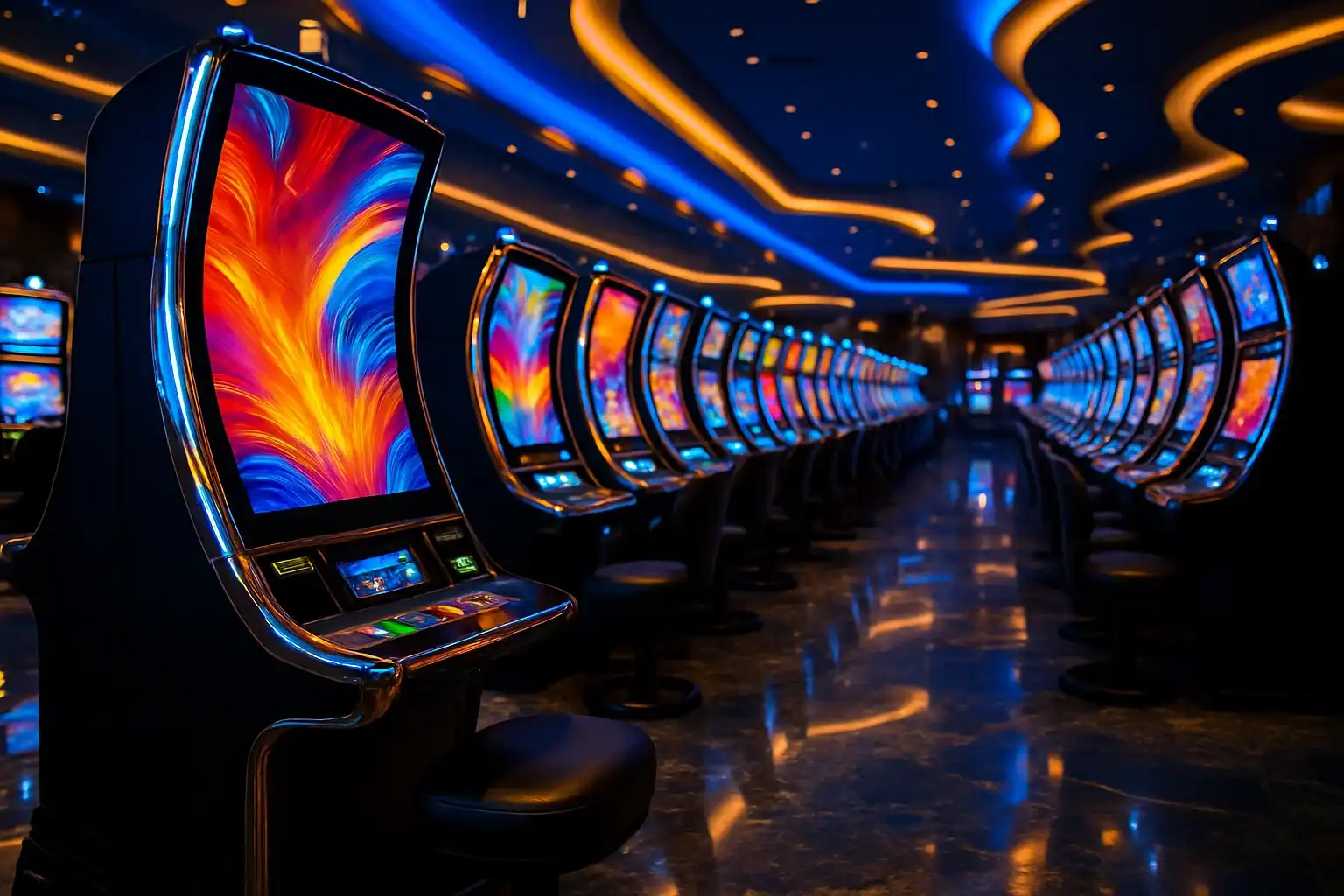 Hyperrealistic wide shot of Manila casino slots floor with blue gold lighting