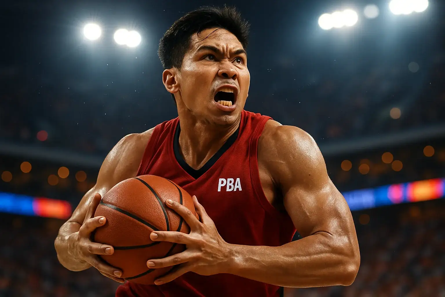 Filipino PBA basketball player mid-air driving to basket under arena lights